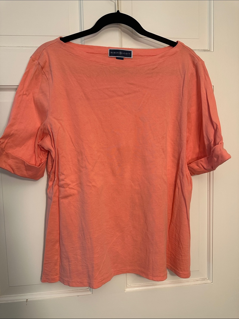 Karen Scott Coral Short Sleeve Boatneck Tee, Size XL